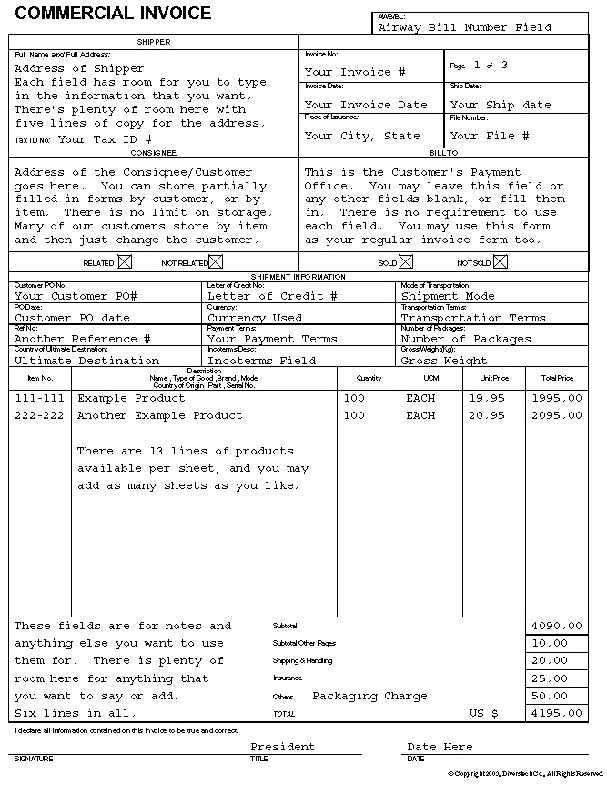 Commercial Invoice Template Pdf Fill In PDF Template